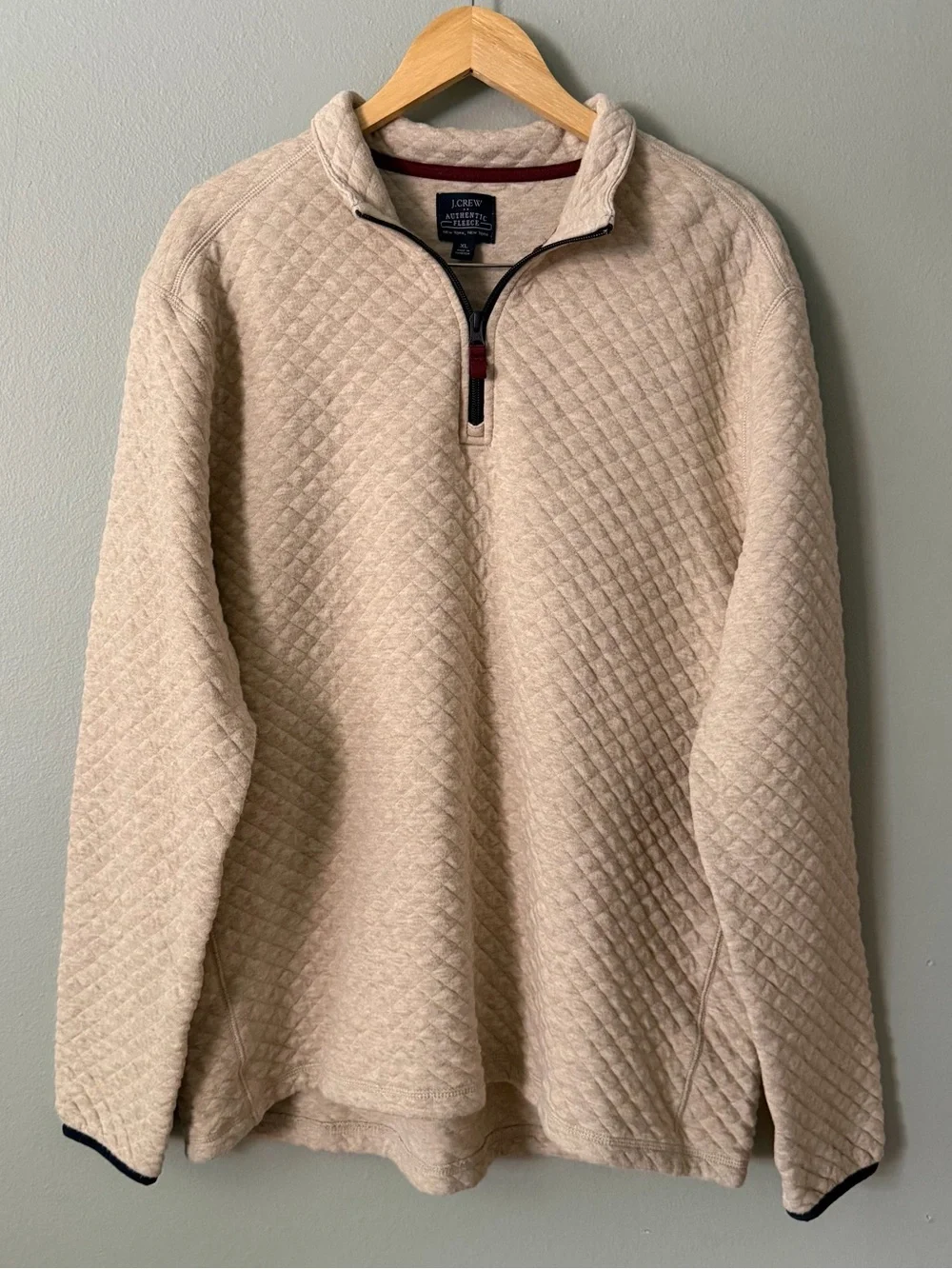 J.Crew Authentic Fleece Quilted Quarter Zip Pullover Sweater Oatmeal Heather XL